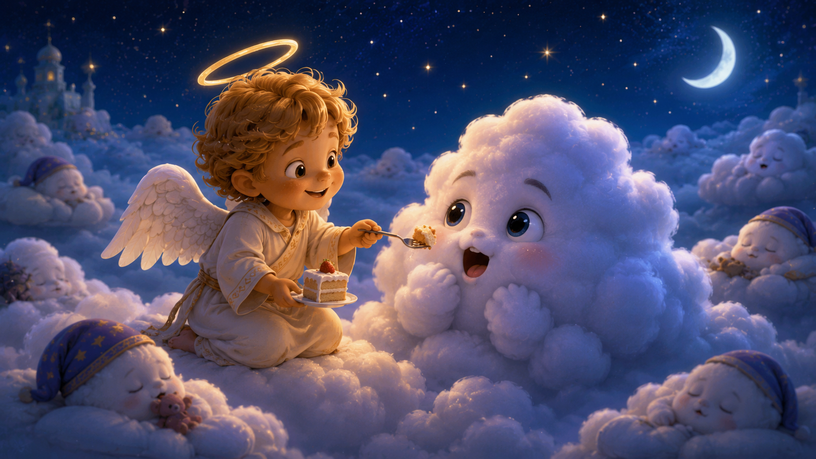 A tiny angel feeding cake to a happy cloud at midnight while other clouds sleep wearing night caps