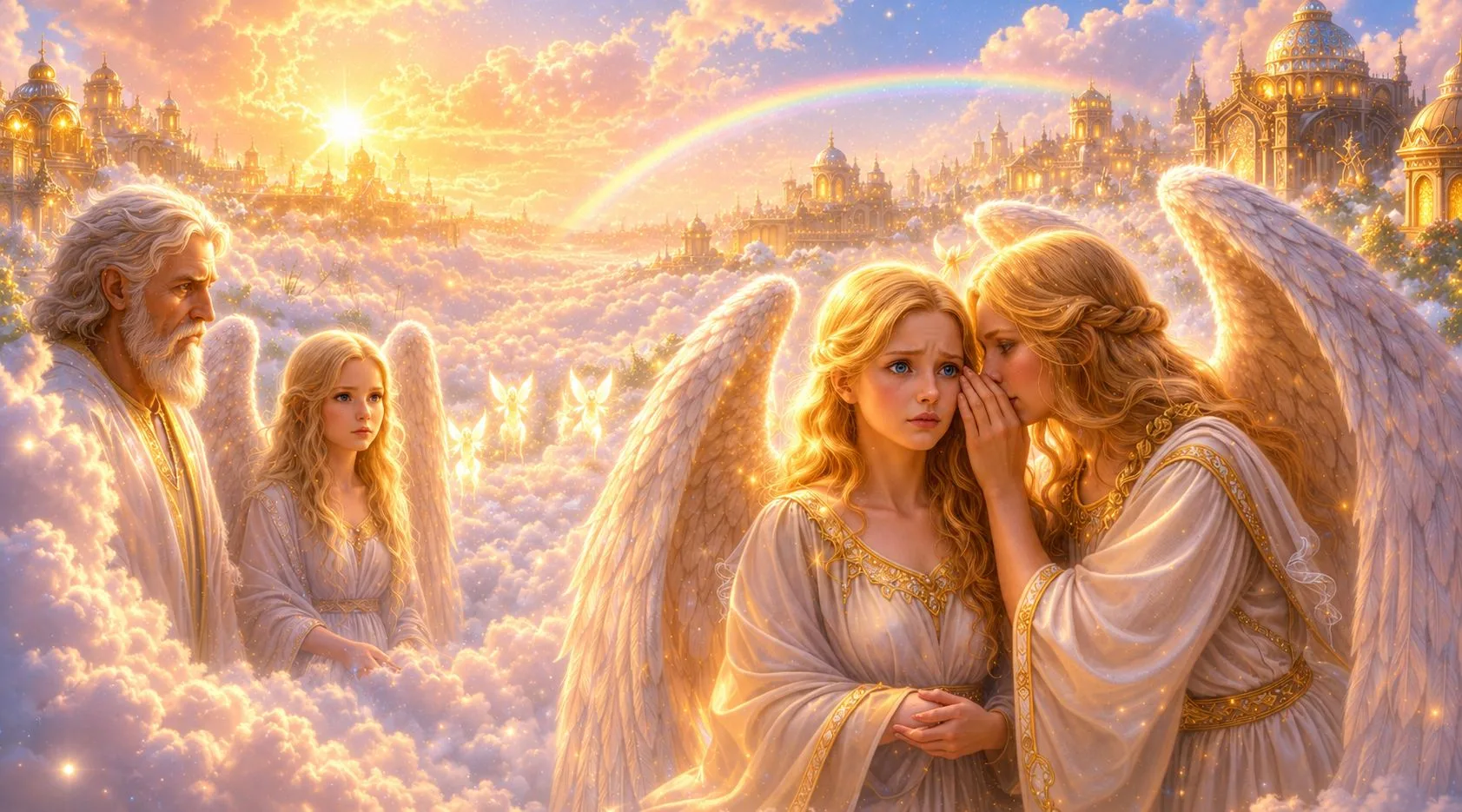 Two angels sharing a quiet, kind whisper on a floating cloud landscape