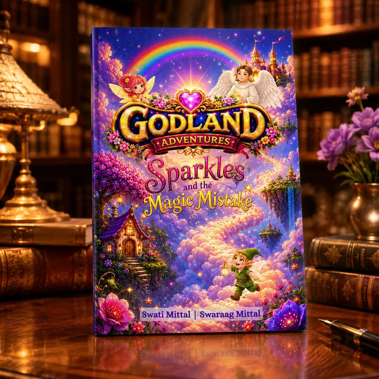 Book cover for Godland Adventures: Sparkles and the Magic Mistake, showing Sparkles the fairy and Barney the angel above a rainbow, with a fairy-tale castle in the clouds