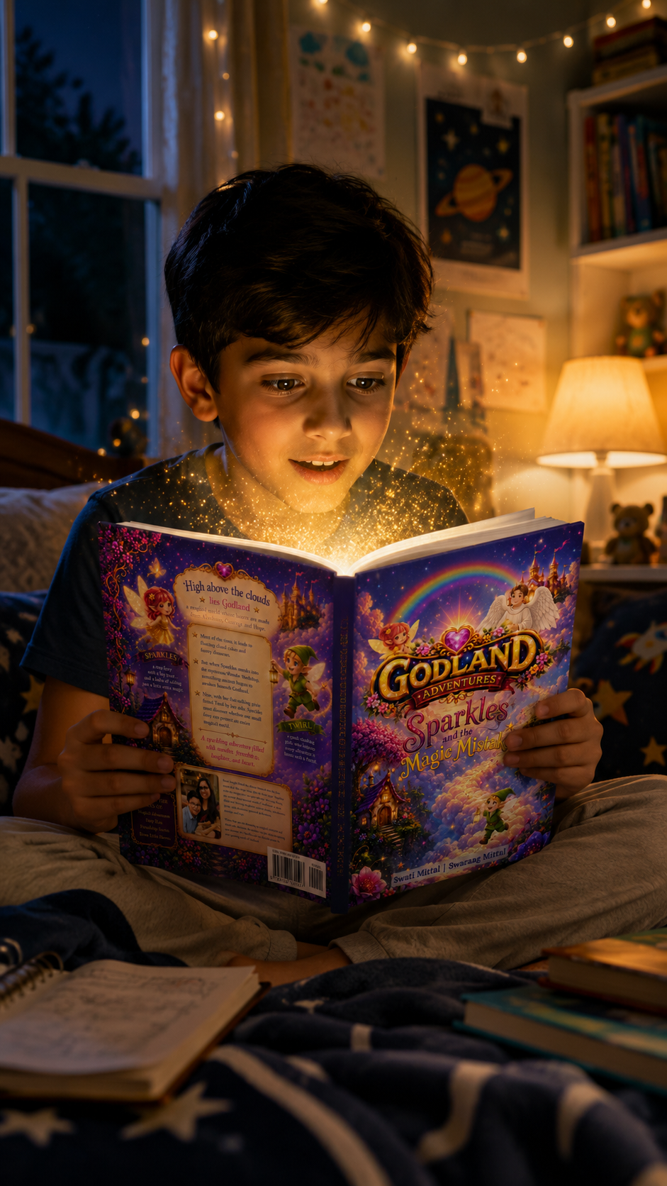A child reading a book in a cozy room, looking out the window at a bright path in the clouds