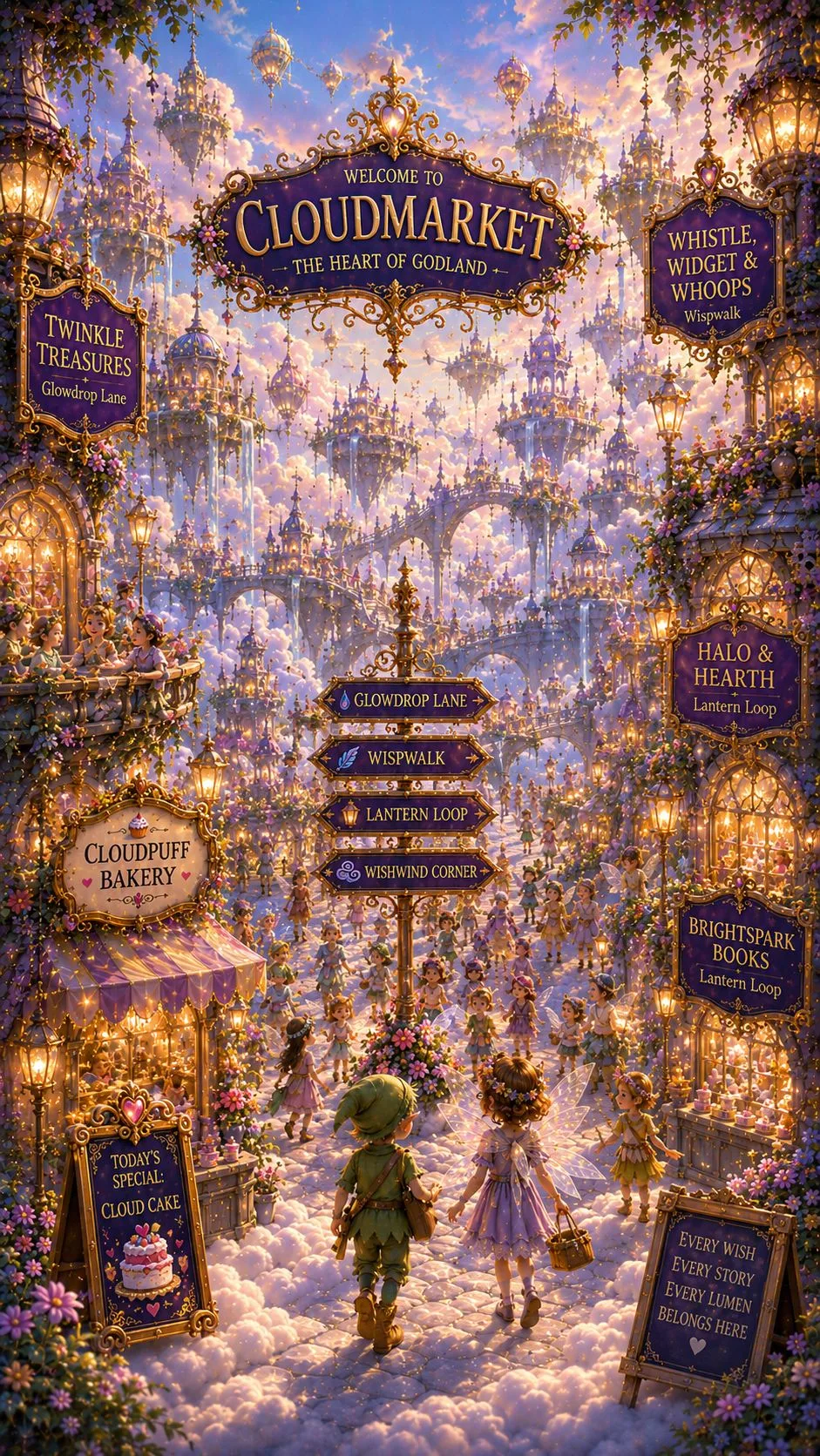 Cloudmarket, the bustling heart of Godland with magical shops and floating castles