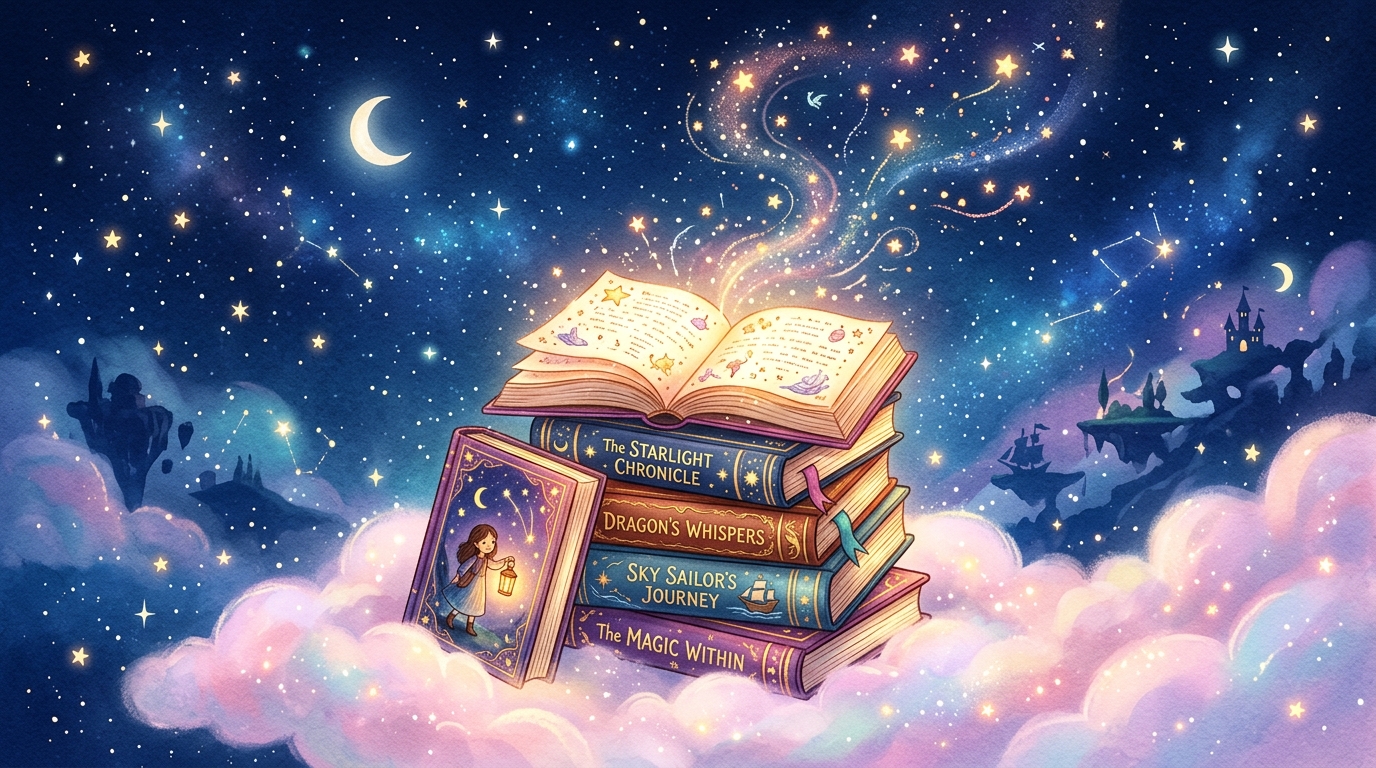 A beautiful stack of glowing, magical children's adventure fantasy books resting on a cloud under a starry sky