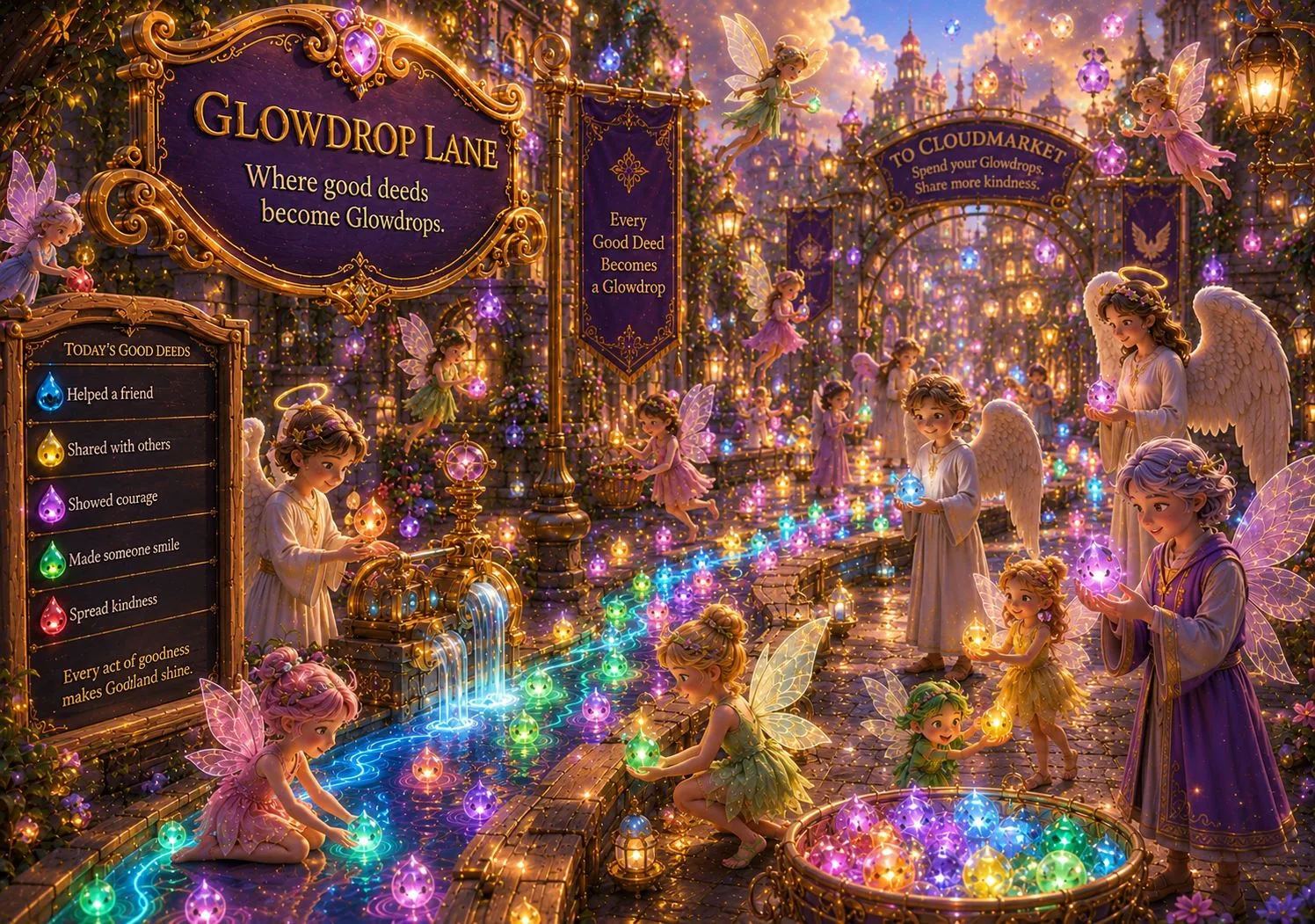 Magical lane of glowing lanterns and orbs under a starlit fantasy night sky