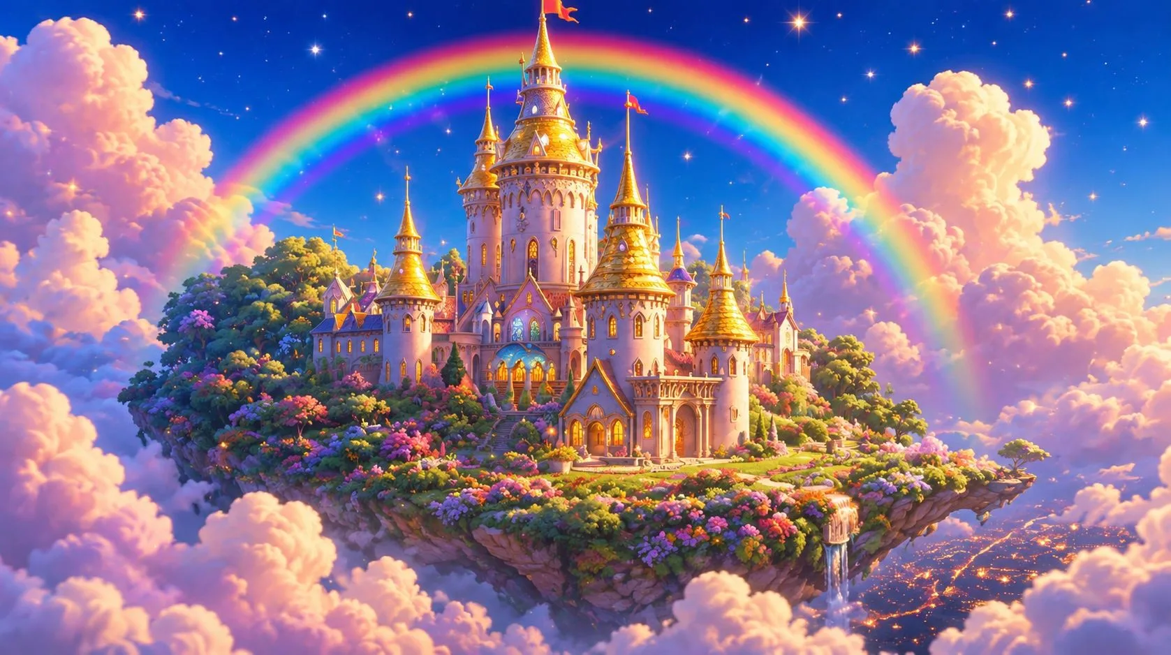 Shining golden towers of Godland Castle with a bright rainbow in the pink skies