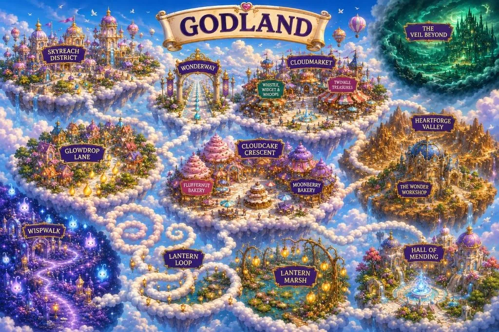 Official Map of Godland Adventures showing the floating islands like Skyreach, Cloudmarket, and Heartforge Valley