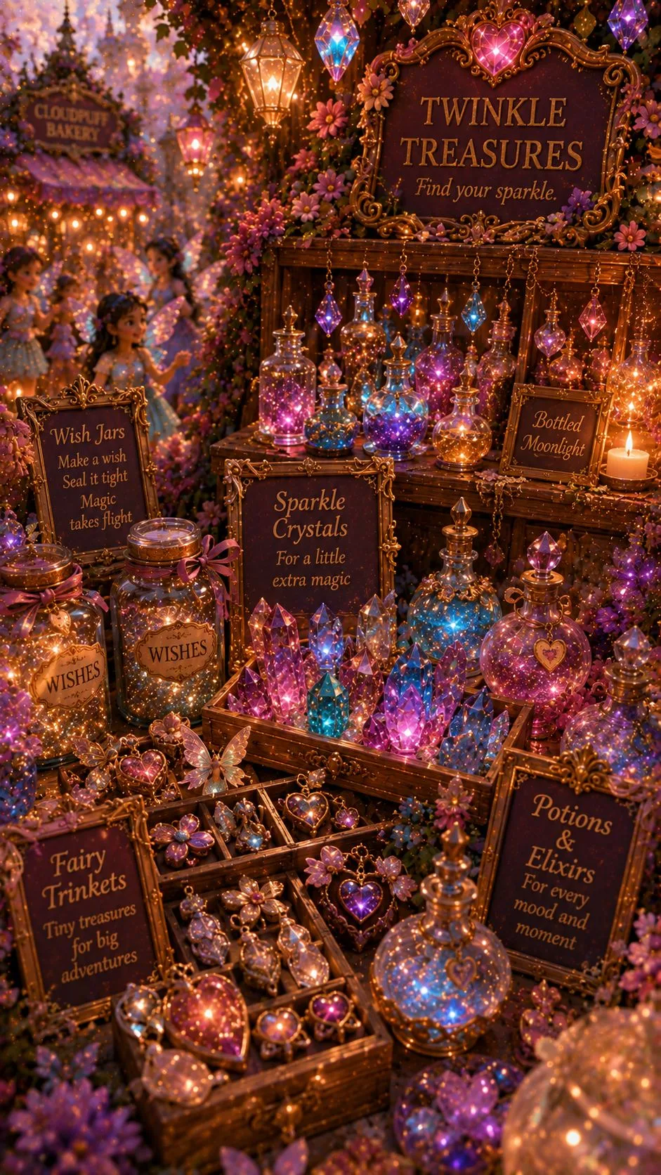 Glowing celestial treasures and star elements resting on clouds