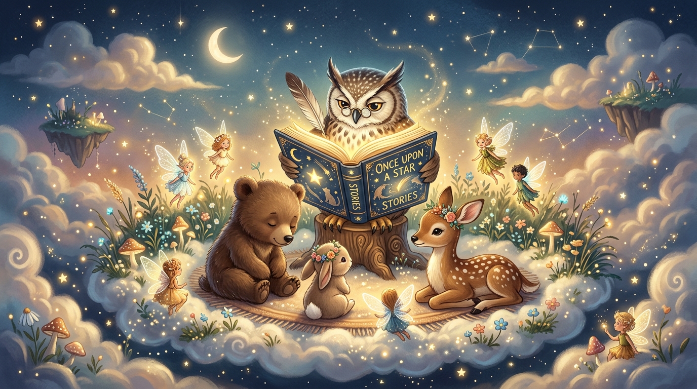 Whimsical baby animals and tiny fairies sitting in a circle listening to a wise owl read a glowing storybook