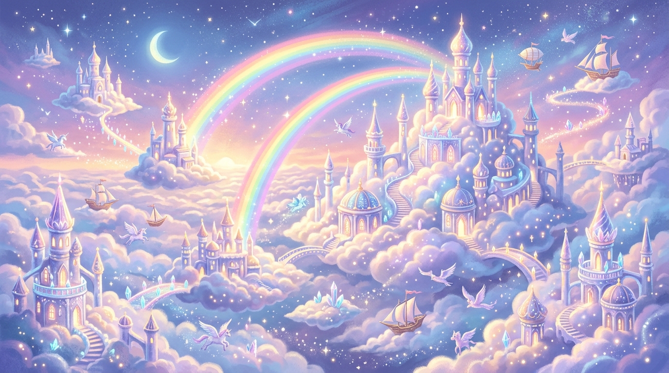 A breathtaking view of a floating kingdom with cloud castles, rainbows, and flying structures